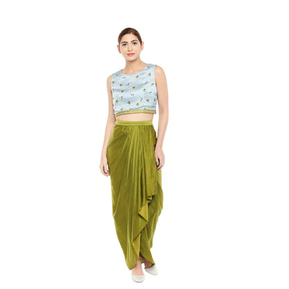 Soup by Sougat Paul Crop Top And Drape Skirt With Long Jacket - Customisable (Set of 3)