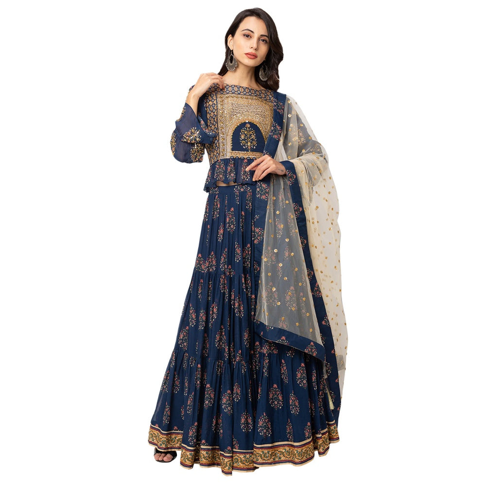 Soup by Sougat Paul Navy Blue Printed Flat Chiffon Top & Chiffon Skirt (Set of 3)