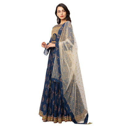 Soup by Sougat Paul Navy Blue Printed Flat Chiffon Top & Chiffon Skirt (Set of 3)