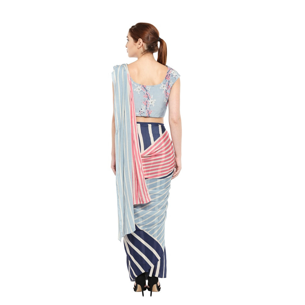 Soup by Sougat Paul Floral Printed Blouse With Striped Saree - Customisable (Set of 2)