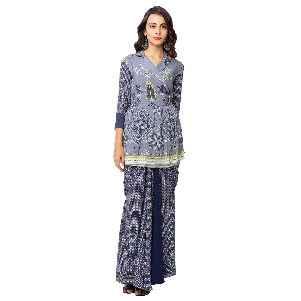 Soup by Sougat Paul Powder Blue Printed Jacket And Skirt (Set of 2)