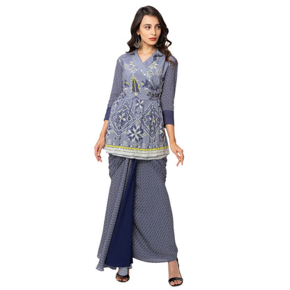 Soup by Sougat Paul Powder Blue Printed Jacket And Skirt (Set of 2)