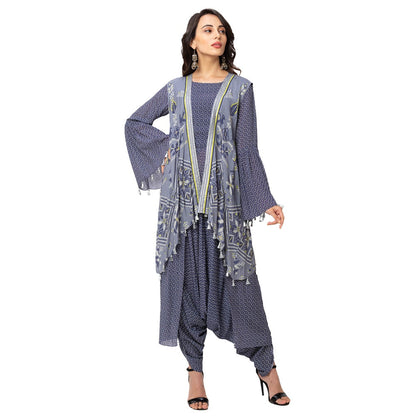 Soup by Sougat Paul Powder Blue Printed Jumpsuit With Sleeveless Jacket (Set of 2)