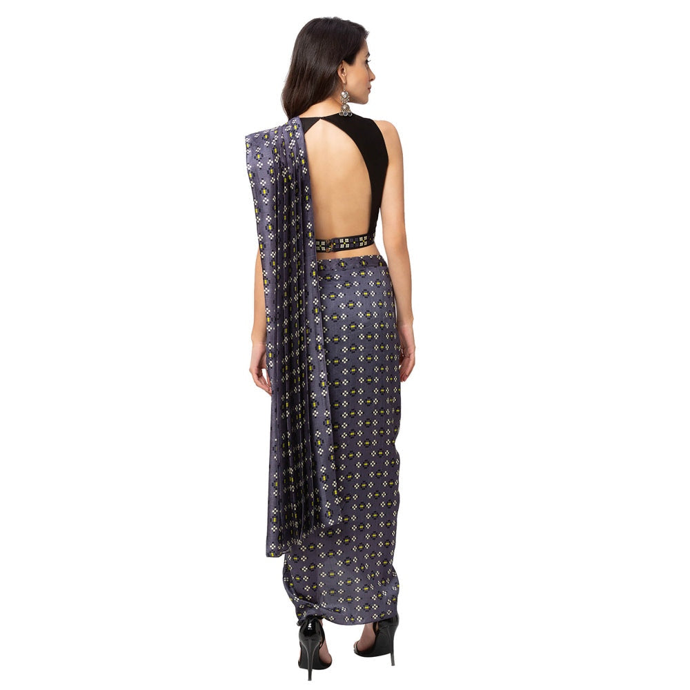 Soup by Sougat Paul Navy Blue Embroidered Saree With Stitched Blouse & Belt