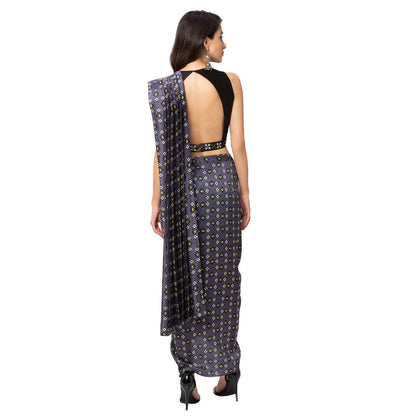 Soup by Sougat Paul Navy Blue Embroidered Saree With Stitched Blouse & Belt