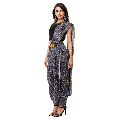 Soup by Sougat Paul Navy Blue Embroidered Saree With Stitched Blouse & Belt
