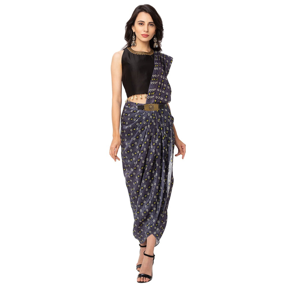 Soup by Sougat Paul Navy Blue Embroidered Saree With Stitched Blouse & Belt
