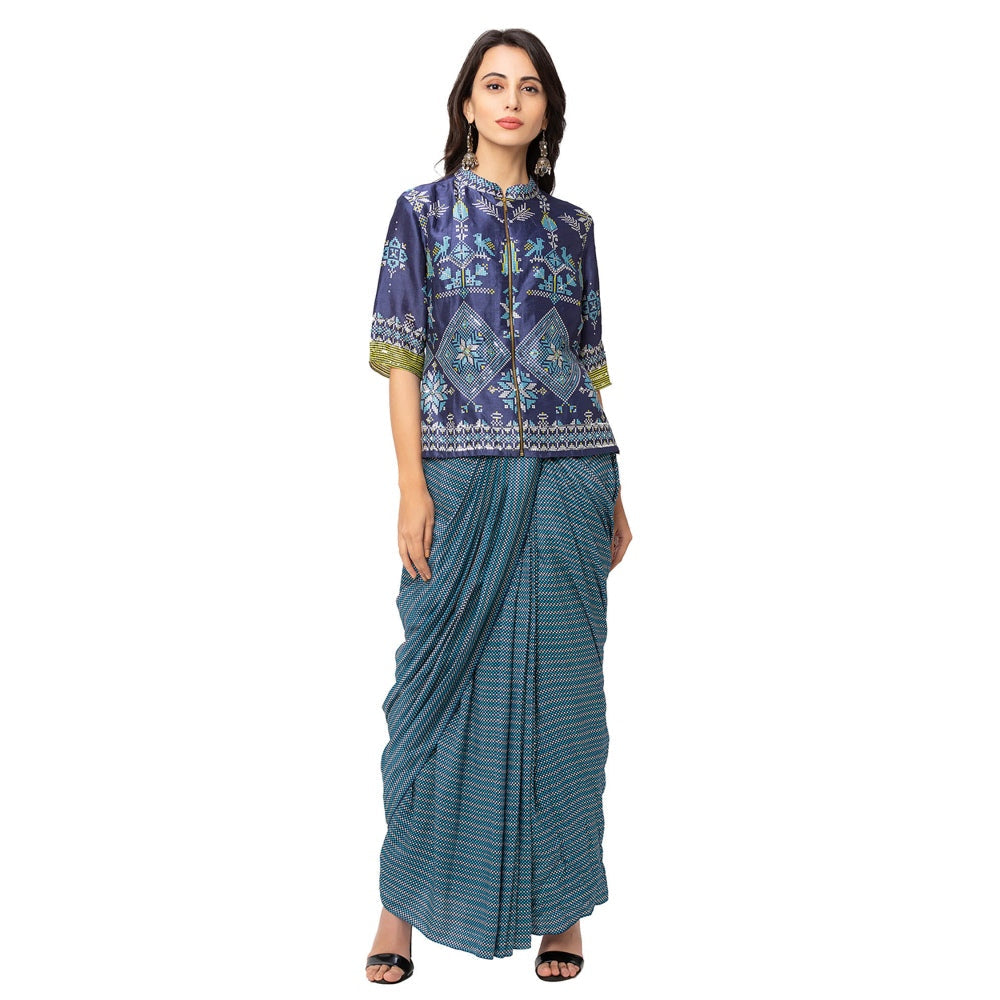 Soup by Sougat Paul Navy Blue Printed Skirt And Jacket (Set of 2)