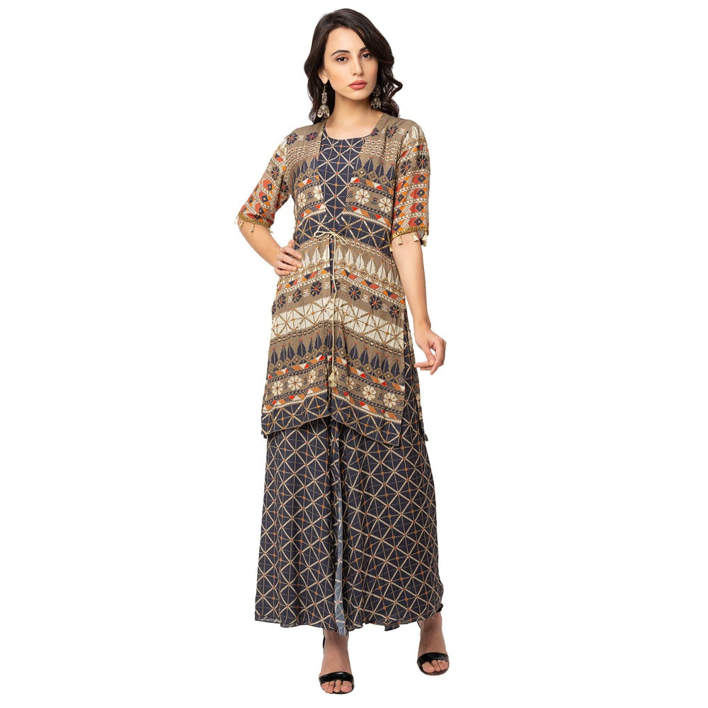 Soup by Sougat Paul Blue Printed Jacket And Jumpsuit (Set of 2)