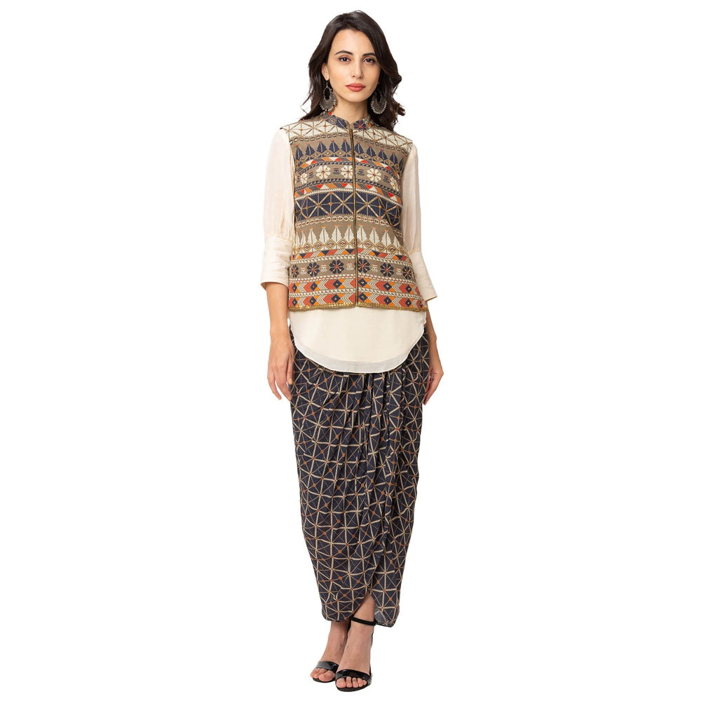 Soup by Sougat Paul Blue Printed Dhoti With Kurta And Jacket (Set of 3)