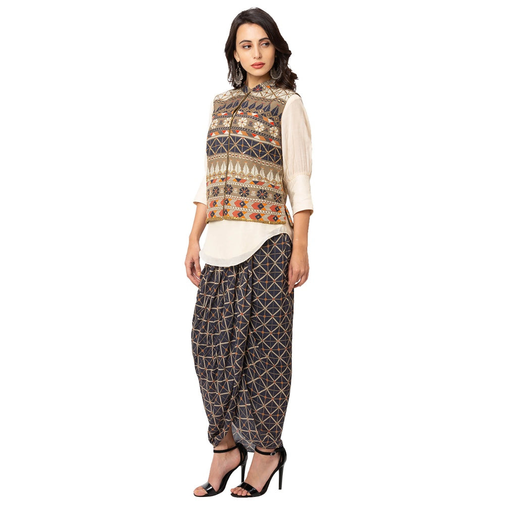 Soup by Sougat Paul Blue Printed Dhoti With Kurta And Jacket (Set of 3)