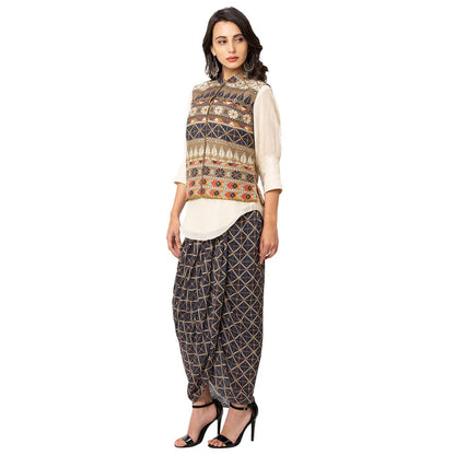 Soup by Sougat Paul Blue Printed Dhoti With Kurta And Jacket (Set of 3)