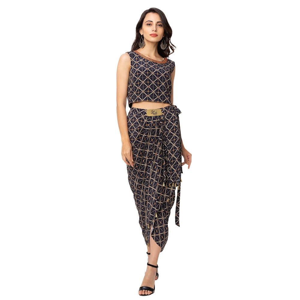 Soup by Sougat Paul Blue Printed Top Jacket And Dhoti (Set of 3)
