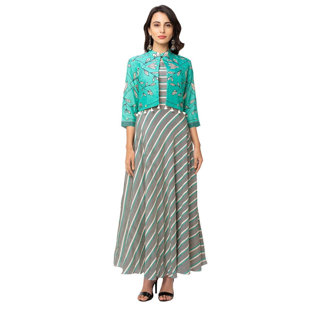 Soup by Sougat Paul Green Floral Jacket And Dress (Set of 2)