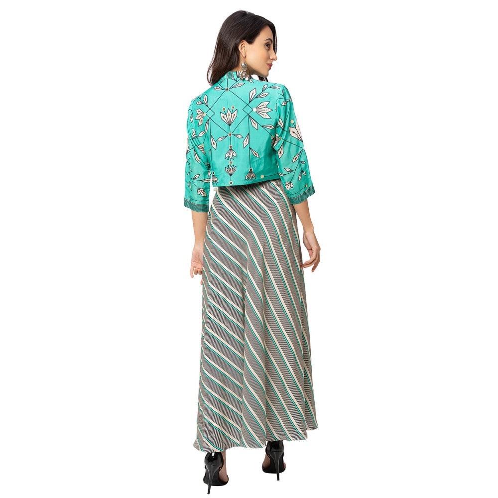 Soup by Sougat Paul Green Floral Jacket And Dress (Set of 2)