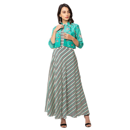 Soup by Sougat Paul Green Floral Jacket And Dress (Set of 2)