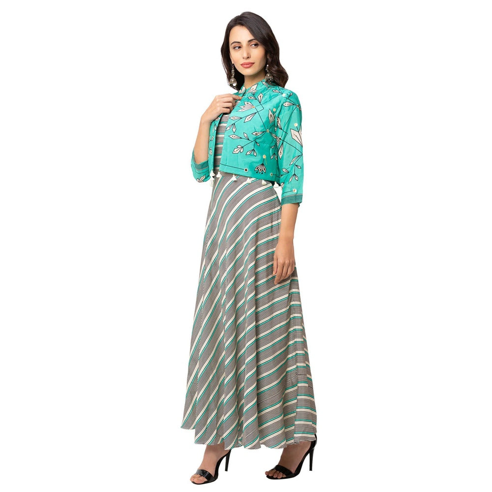 Soup by Sougat Paul Green Floral Jacket And Dress (Set of 2)