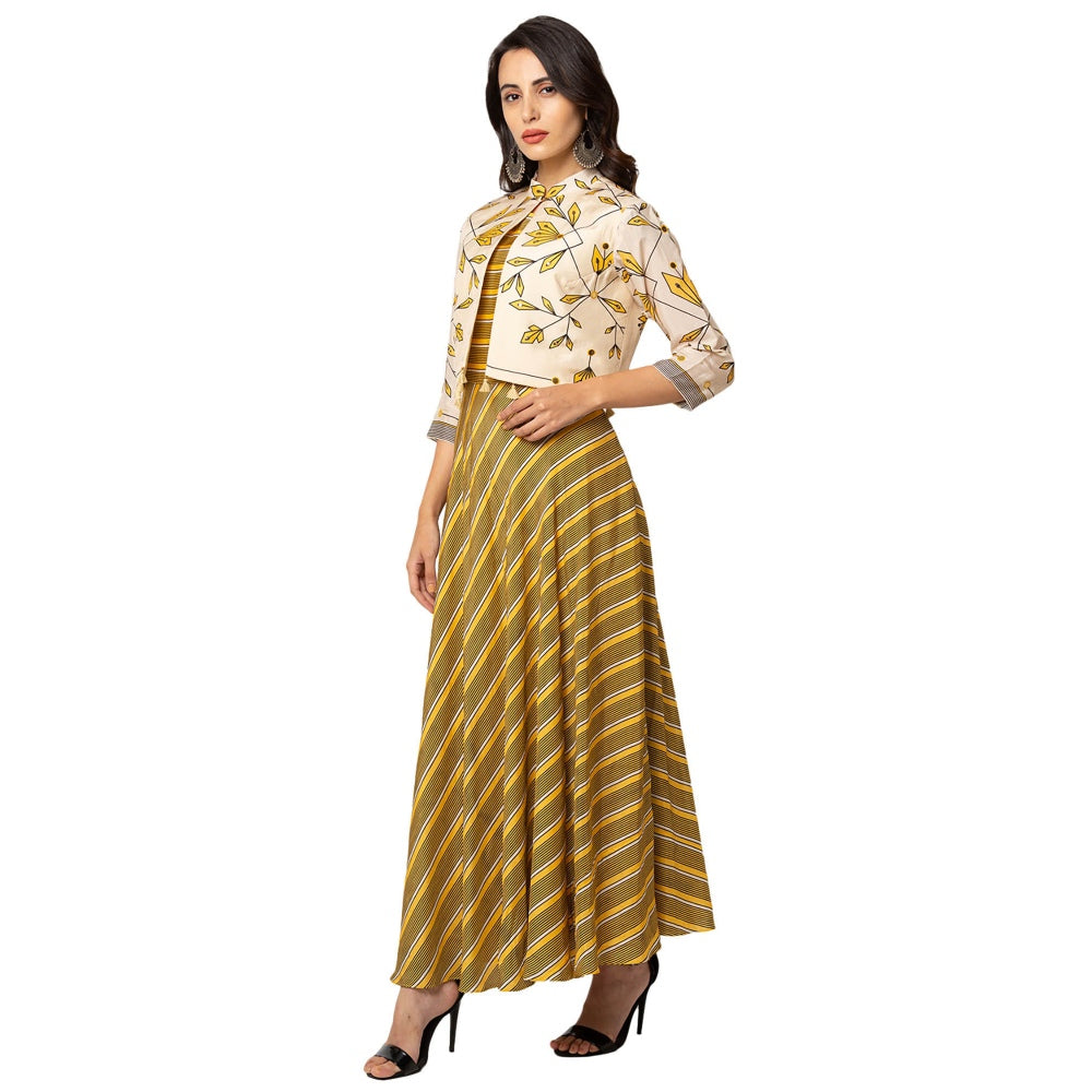 Soup by Sougat Paul Yellow Floral Jacket And Dress (Set of 2)