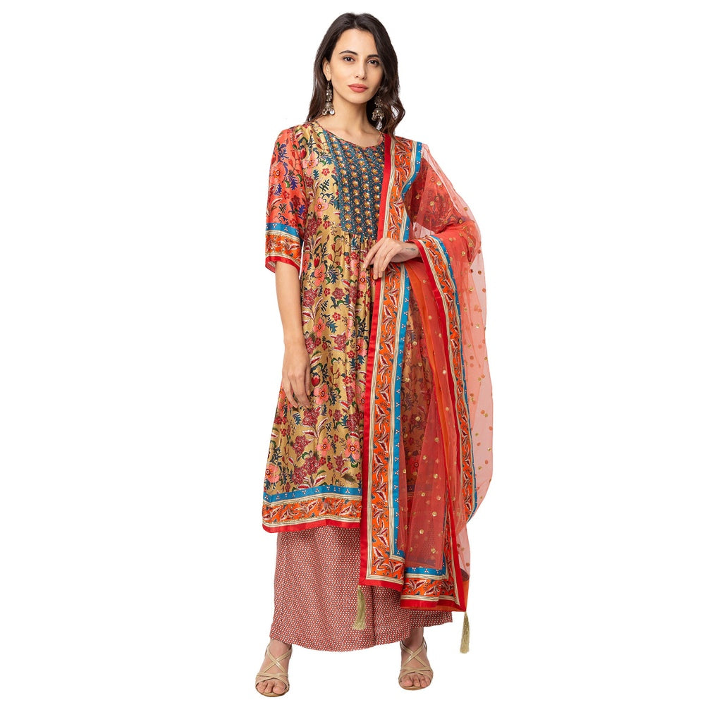 Soup by Sougat Paul Red Floral Front Pleated Kurta With Dupatta (Set of 3)