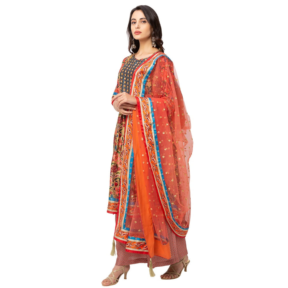 Soup by Sougat Paul Red Floral Front Pleated Kurta With Dupatta (Set of 3)