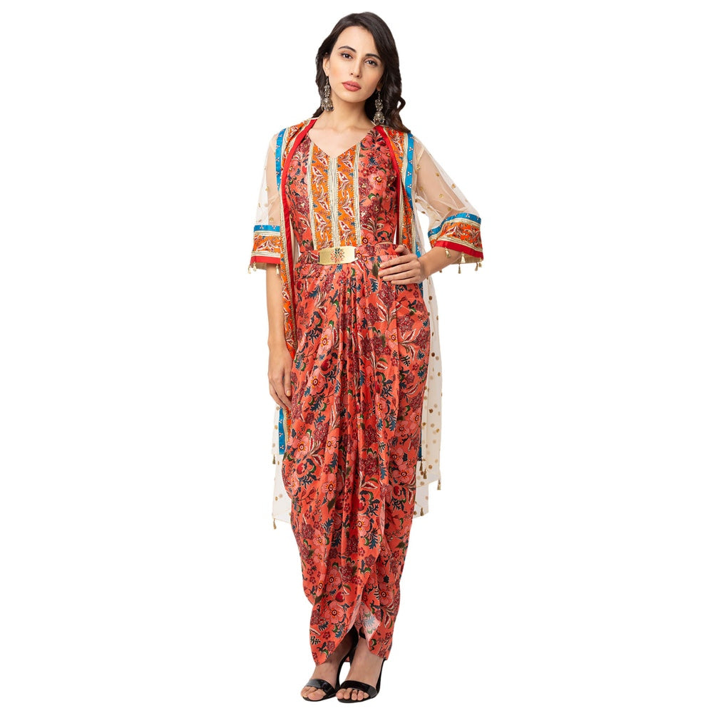 Soup by Sougat Paul Red Floral Dress And Jacket (Set of 2)
