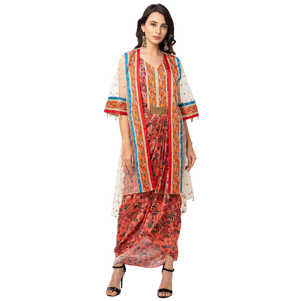 Soup by Sougat Paul Red Floral Dress And Jacket (Set of 2)