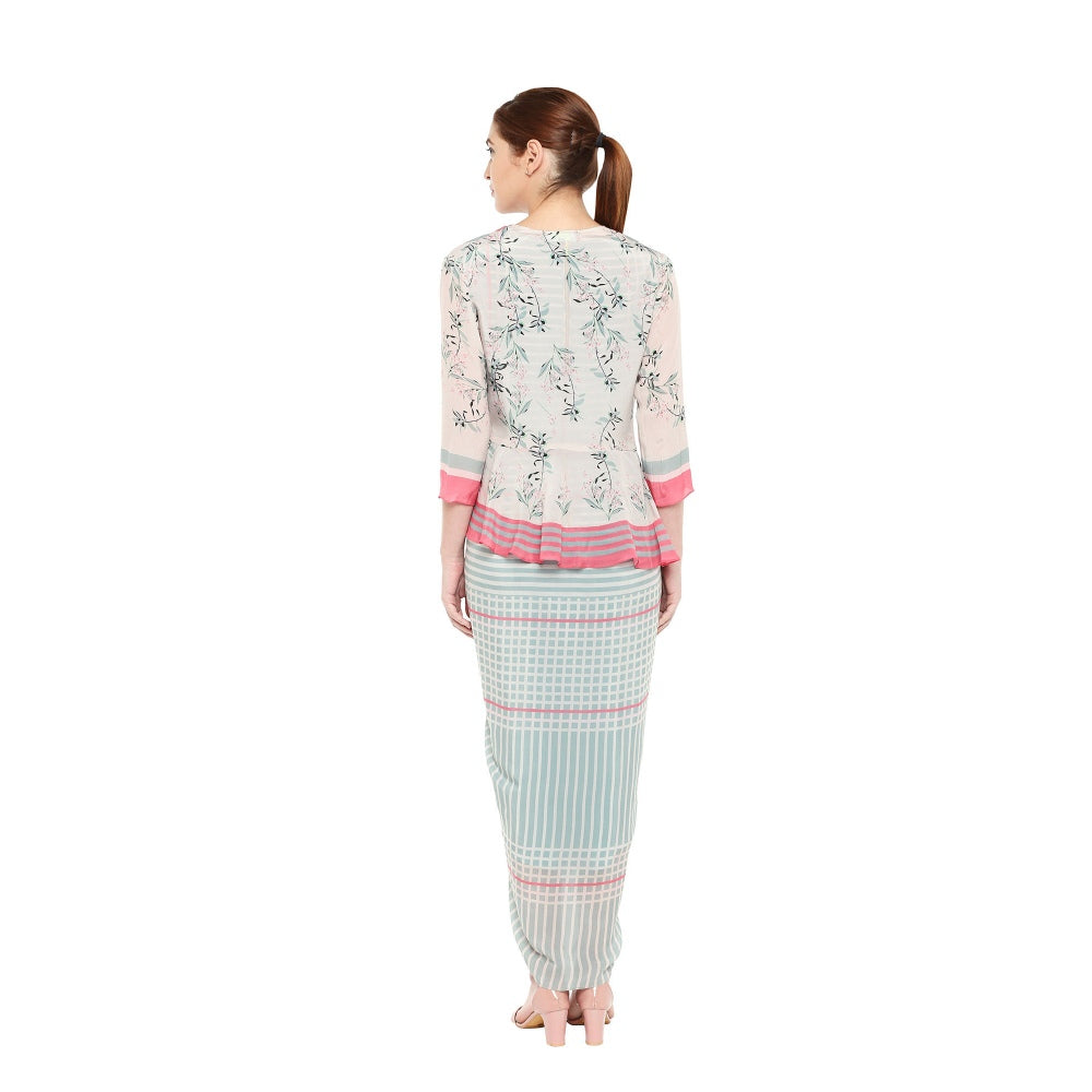Soup by Sougat Paul Striped Drape Dress With Floral Peplum Jacket - Customisable (Set of 2)
