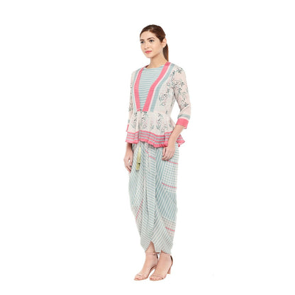 Soup by Sougat Paul Striped Drape Dress With Floral Peplum Jacket - Customisable (Set of 2)