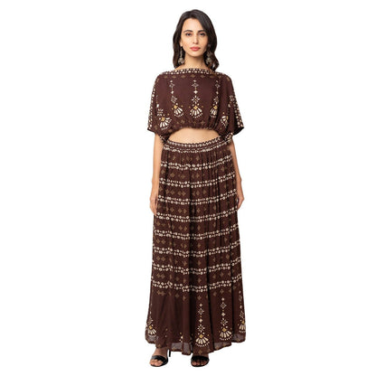 Soup by Sougat Paul Coffee Floral Top And Skirt (Set of 2)