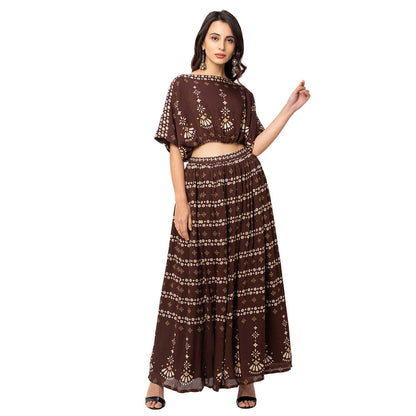 Soup by Sougat Paul Coffee Floral Top And Skirt (Set of 2)