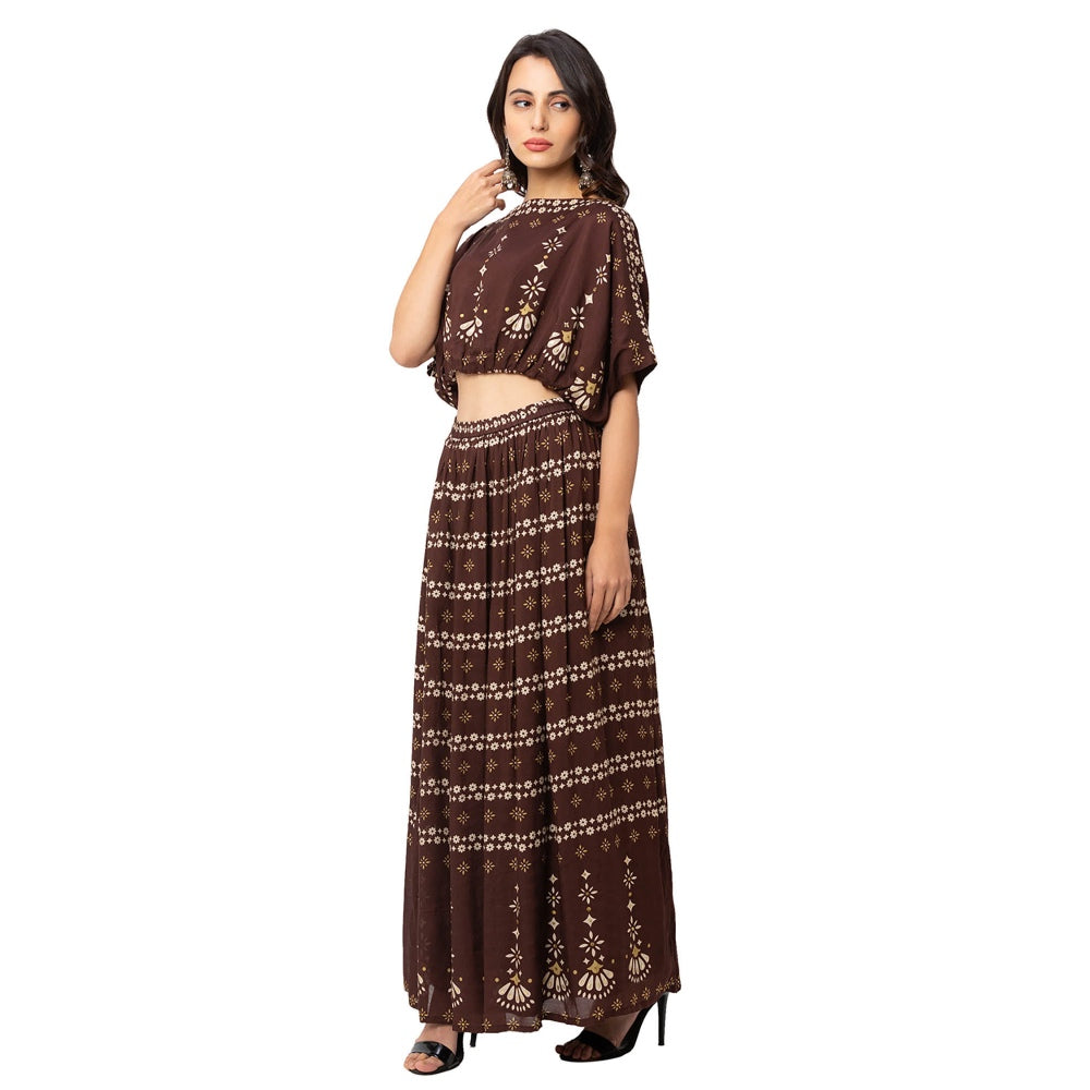 Soup by Sougat Paul Coffee Floral Top And Skirt (Set of 2)