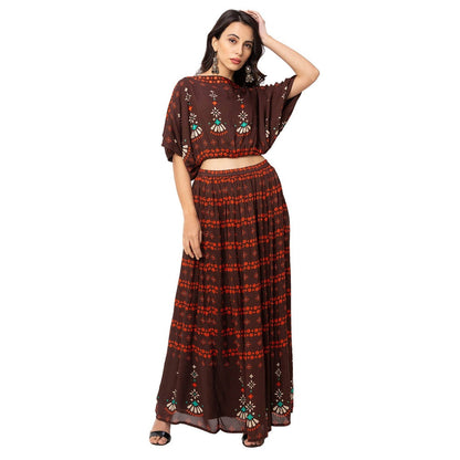 Soup by Sougat Paul Coffee Floral Top And Skirt (Set of 2)