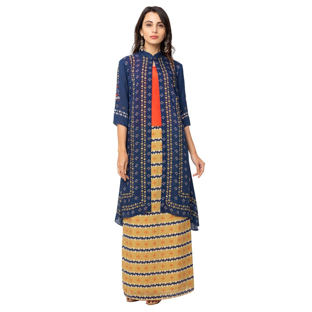 Soup by Sougat Paul Mustard Floral Long Jacket Top And Skirt (Set of 3)
