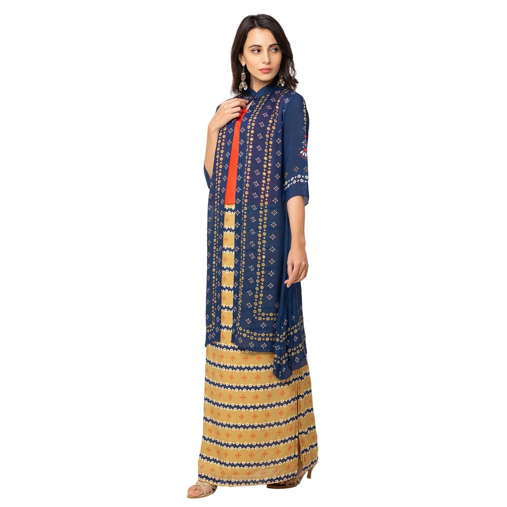 Soup by Sougat Paul Mustard Floral Long Jacket Top And Skirt (Set of 3)