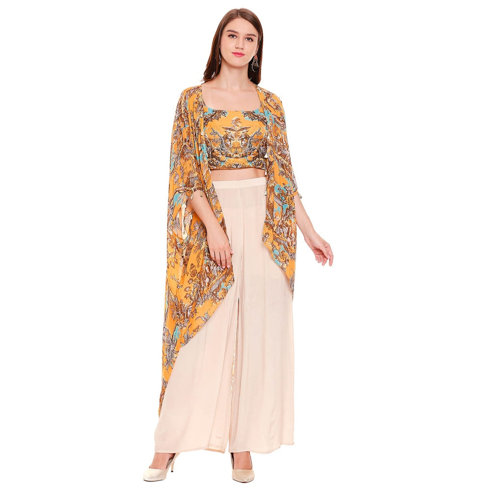Soup by Sougat Paul Mustard Printed Crop Top With Jacket & Palazzo (Set of 2)