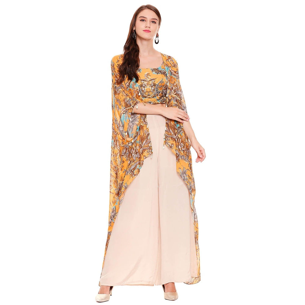 Soup by Sougat Paul Mustard Printed Crop Top With Jacket & Palazzo (Set of 2)