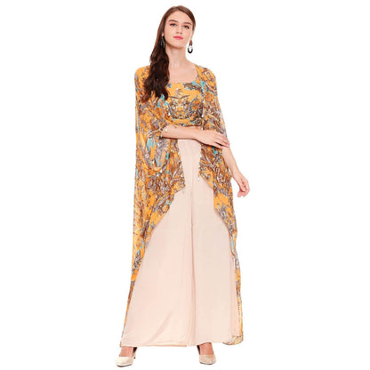 Soup by Sougat Paul Mustard Printed Crop Top With Jacket & Palazzo (Set of 2)