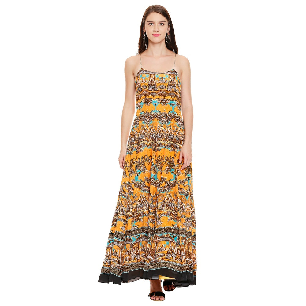 Soup by Sougat Paul Mustard Printed Dress With Dupatta (Set of 2)