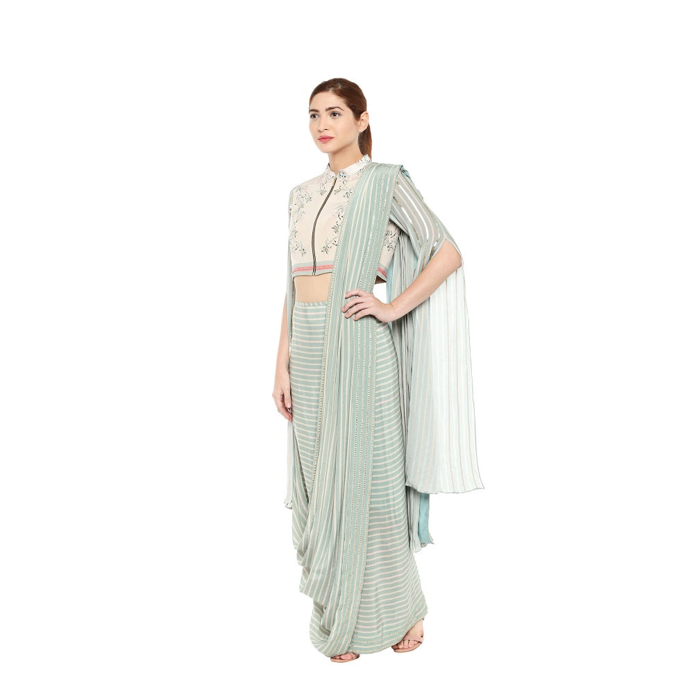 Soup by Sougat Paul Floral Printed Jacket Blouse With Drape Saree - Customisable (Set of 2)