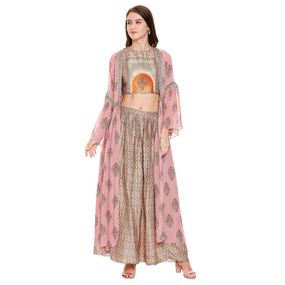 Soup by Sougat Paul Dusk Pink Printed Crop Top With Jacket & Pant (Set of 3)