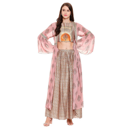 Soup by Sougat Paul Dusk Pink Printed Crop Top With Jacket & Pant (Set of 3)