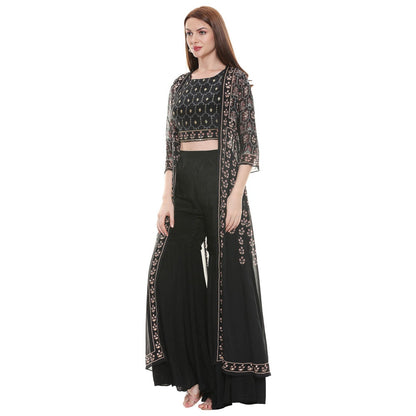 Soup by Sougat Paul Black Embellished Bottom With Crop Top & Jacket (Set of 3)