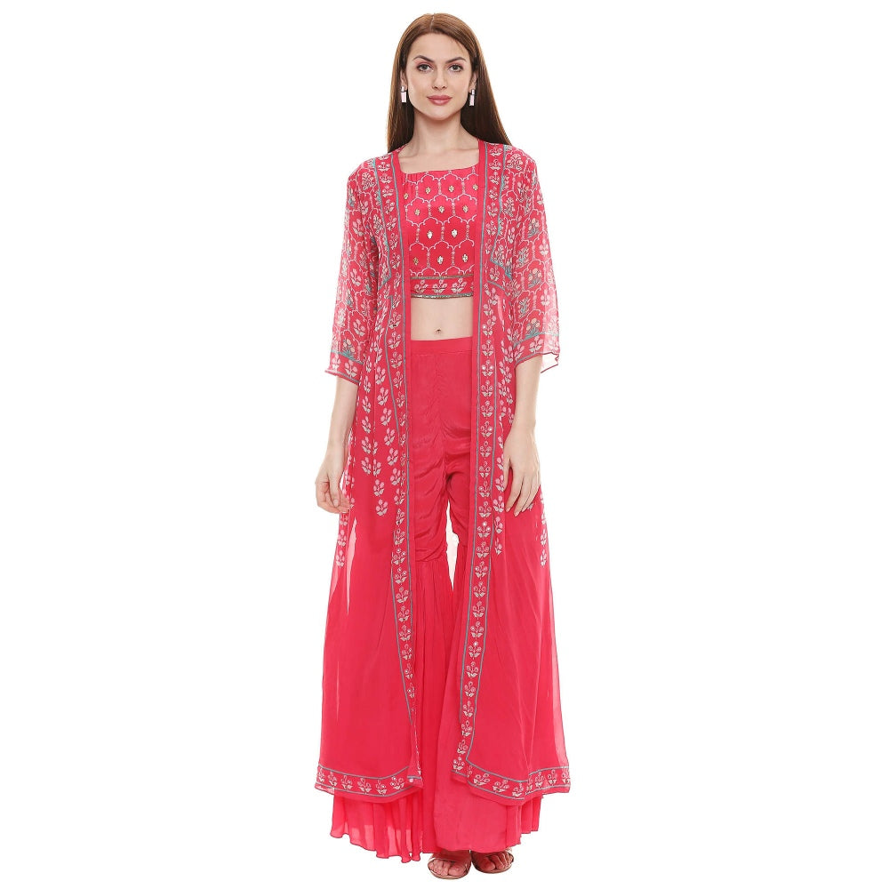 Soup by Sougat Paul Fuschia Embellished Bottom With Crop Top & Jacket (Set of 3)
