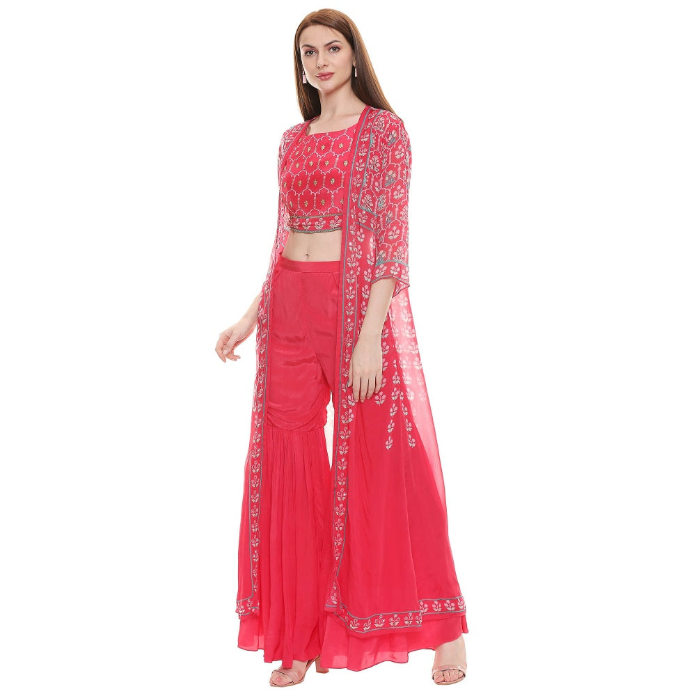 Soup by Sougat Paul Fuschia Embellished Bottom With Crop Top & Jacket (Set of 3)