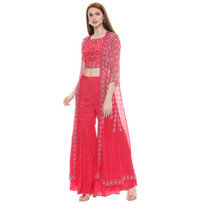 Soup by Sougat Paul Fuschia Embellished Bottom With Crop Top & Jacket (Set of 3)
