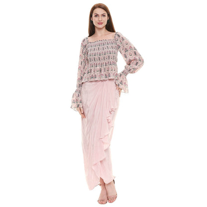 Soup by Sougat Paul Dusk Pink Printed Drape Skirt With Top (Set of 2)