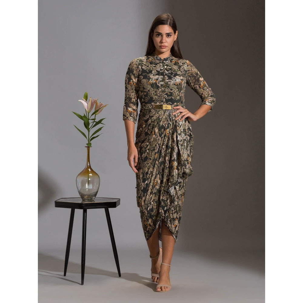 Soup By Sougat Paul Printed Sequence Drape Dress With Goldenbelt (Set of 2)