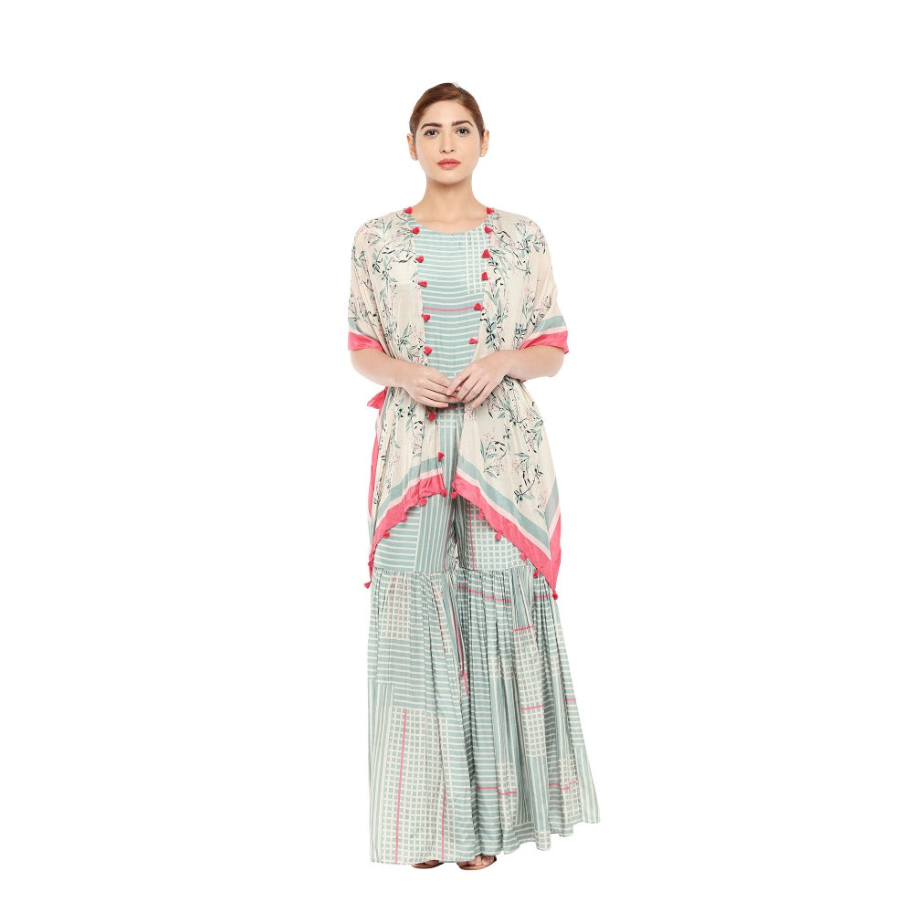 Soup by Sougat Paul Striped Sharara Style Jumpsuit And Printed Cape Jacket - Customisable