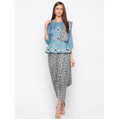 Soup by Sougat Paul Blue Peplum Top With Attached Pallu Drape Saree - Customisable (Set of 2)