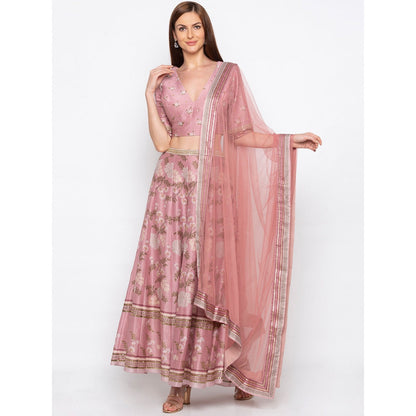 Soup by Sougat Paul Pink Printed Crop Top With Lehenga And Dupatta - Customisable (Set of 3)